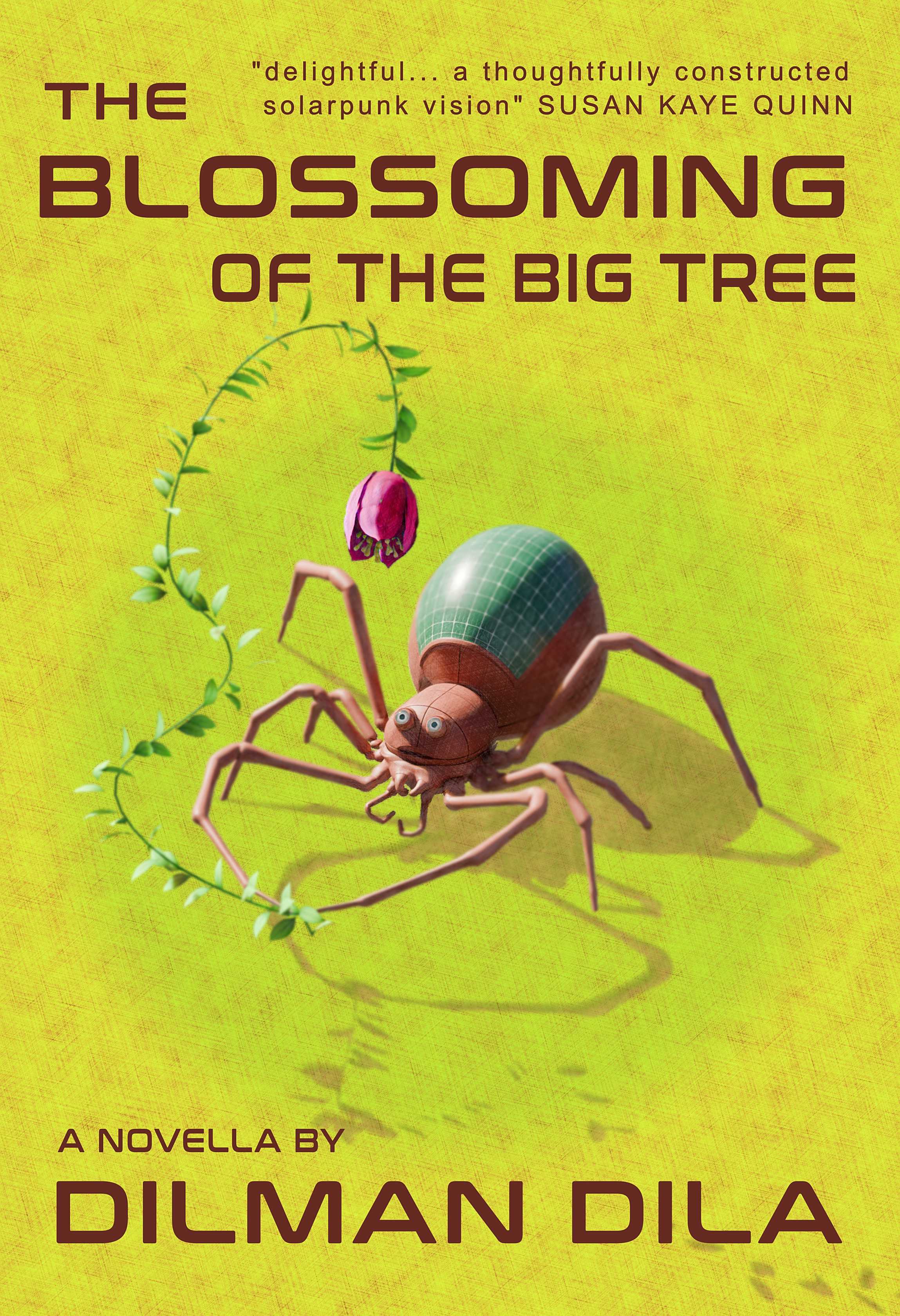 the cover of an ebook, has a spider-like robot on the cover, harvesting a flower, with red text around it. The blossoming of the big tree, by Dilman Dila