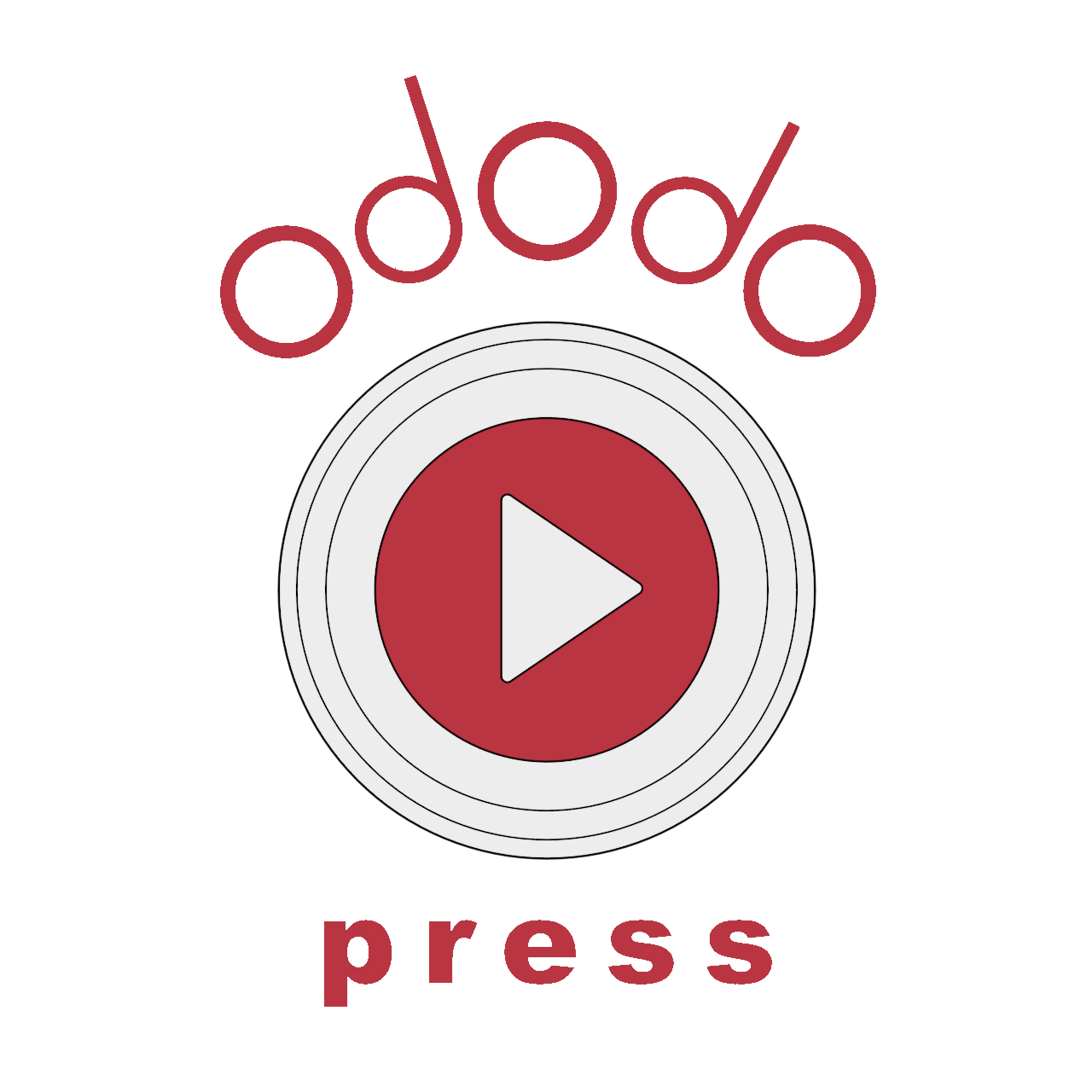A logo with circular themes, and red color scheme, with a digital play button in the center.