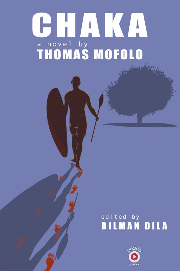 The cover of an ebook. It has a pale blue background, imitative of night, and there's an image of a man with shield and spear walking towards a tree in the distance, which is a little faded into the background. He leaves behind bloody footprints.