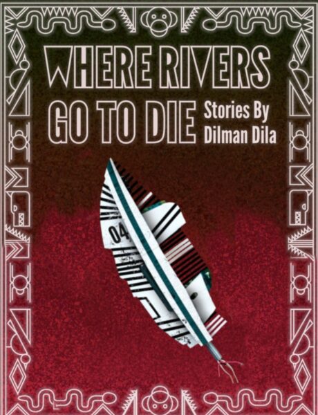 The cover of Where Rivers Go To Die, with a boarder design inspired by African fractals, and the main image is a metallic feather, perhaps from a robot bird of some sort.