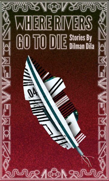 The cover of Where Rivers Go To Die, with a boarder design inspired by African fractals, and the main image is a metallic feather, perhaps from a robot bird of some sort.